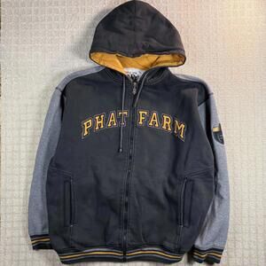 Y2K Phat Farm Zip Hoodie Black Grey XXL Hip Hop Streetwear